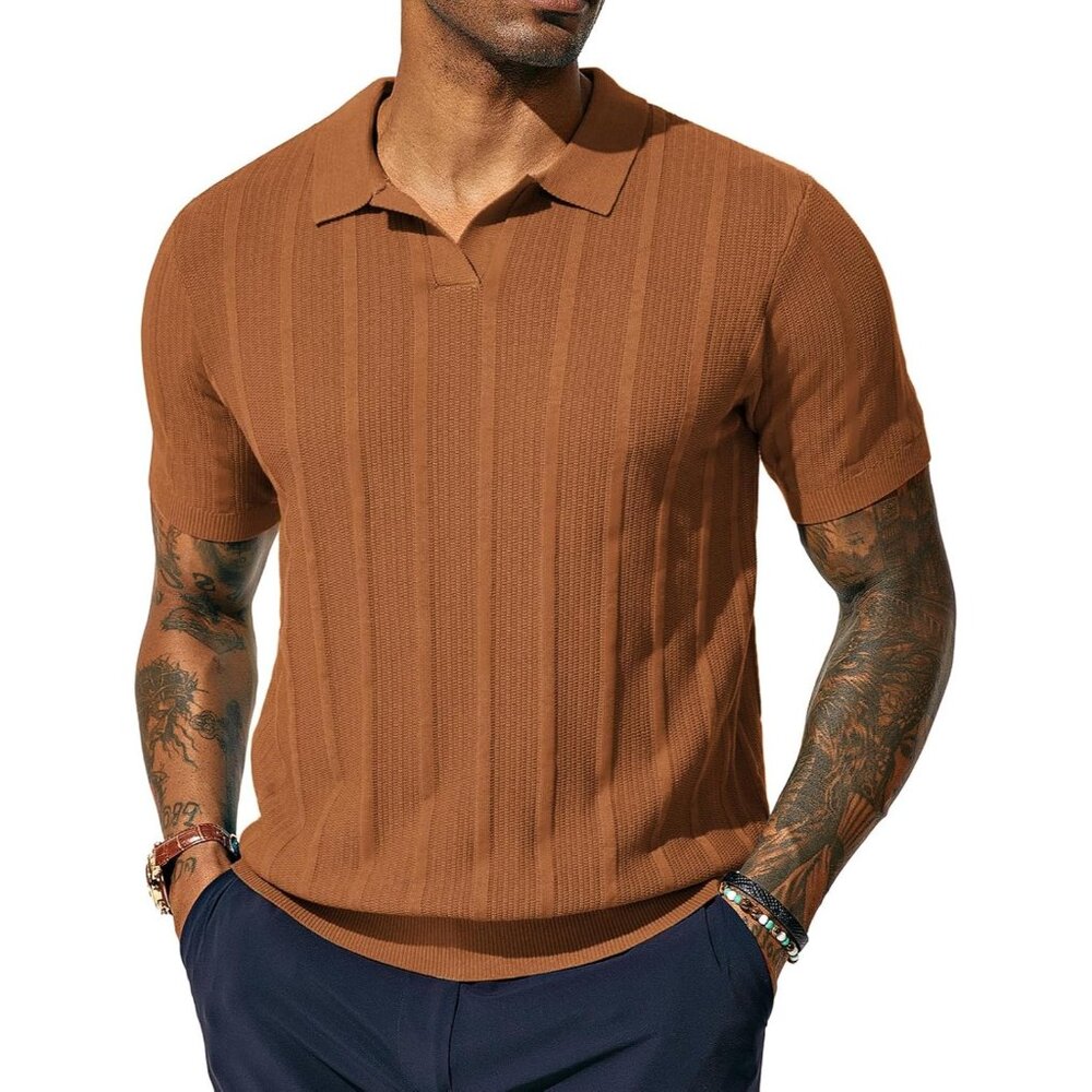 💫 Men Brown V-Neck Summer Shirts Textured Knit Short Sleeve Soft Polo Shirt